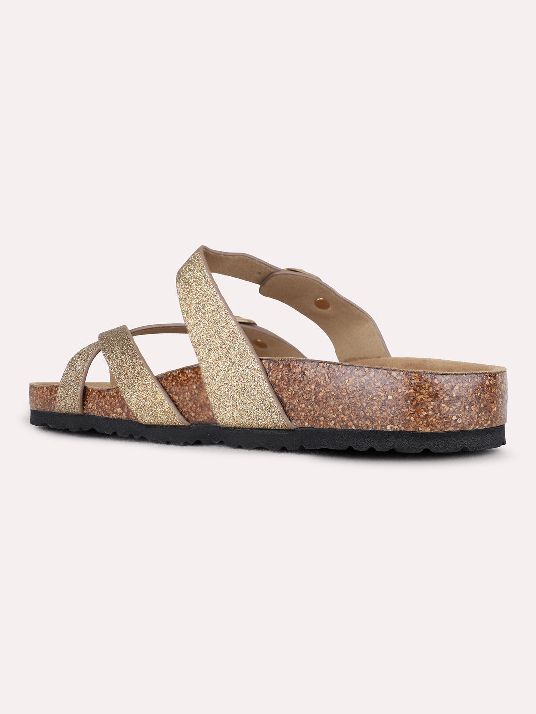 Womens Golden Casual Printed One Toe Flat Slip-Ons