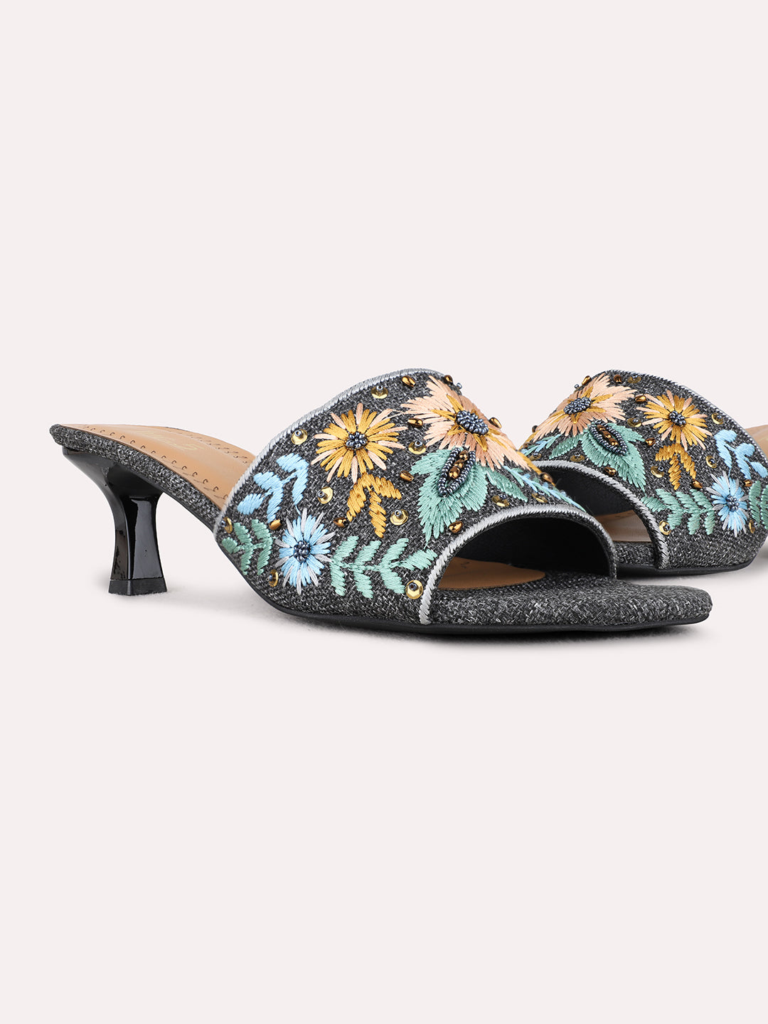 Womens Blue Ethnic Embellished Square Toe Kitten Heel