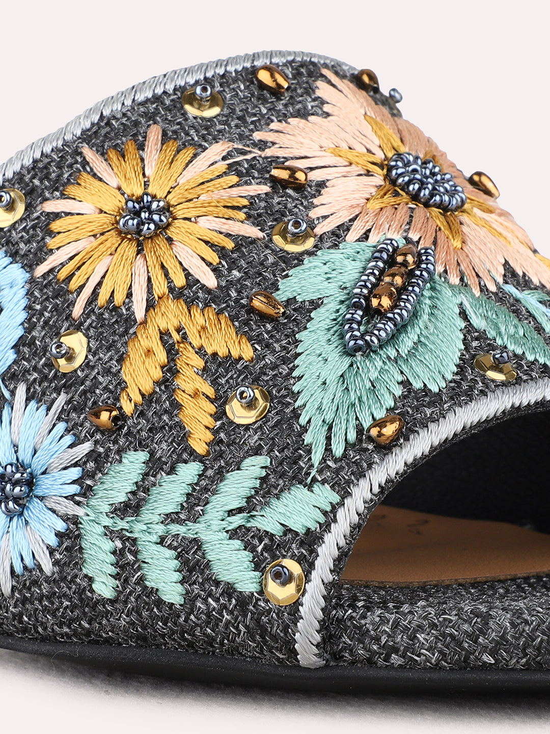 Womens Blue Ethnic Embellished Square Toe Kitten Heel