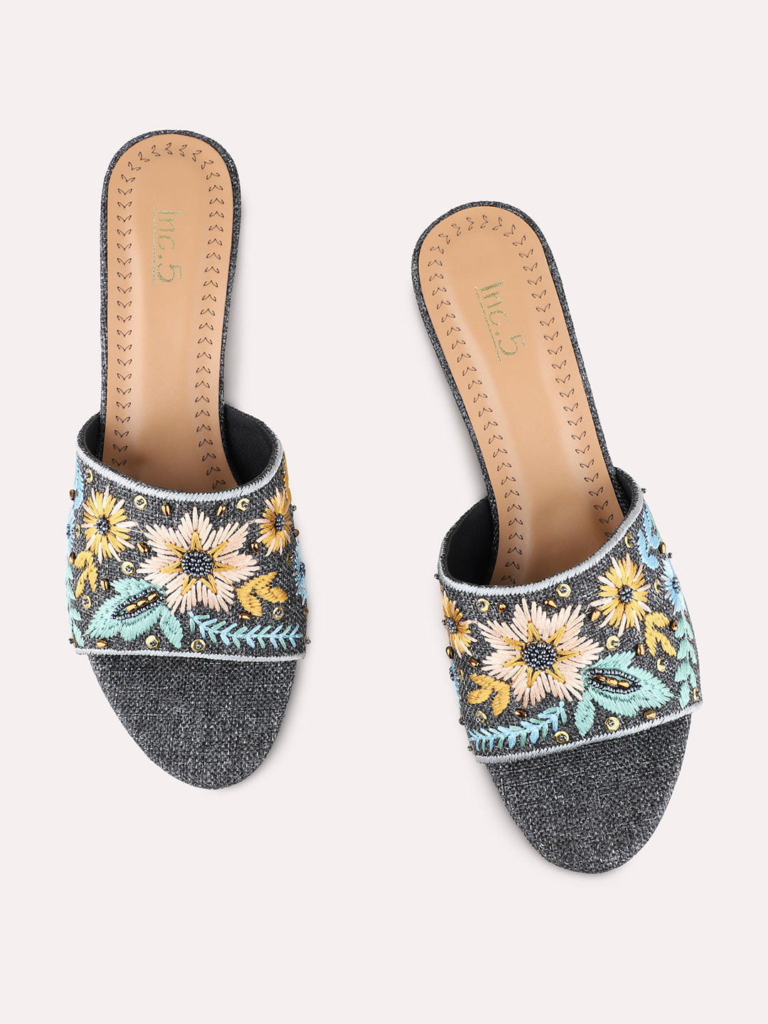 Womens Blue Ethnic Embellished Square Toe Kitten Heel