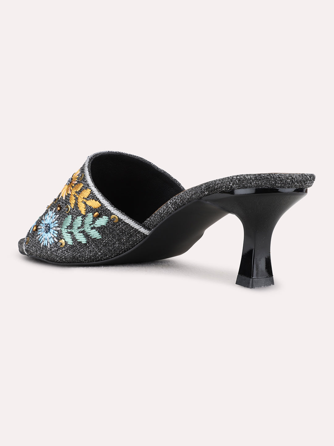 Womens Blue Ethnic Embellished Square Toe Kitten Heel