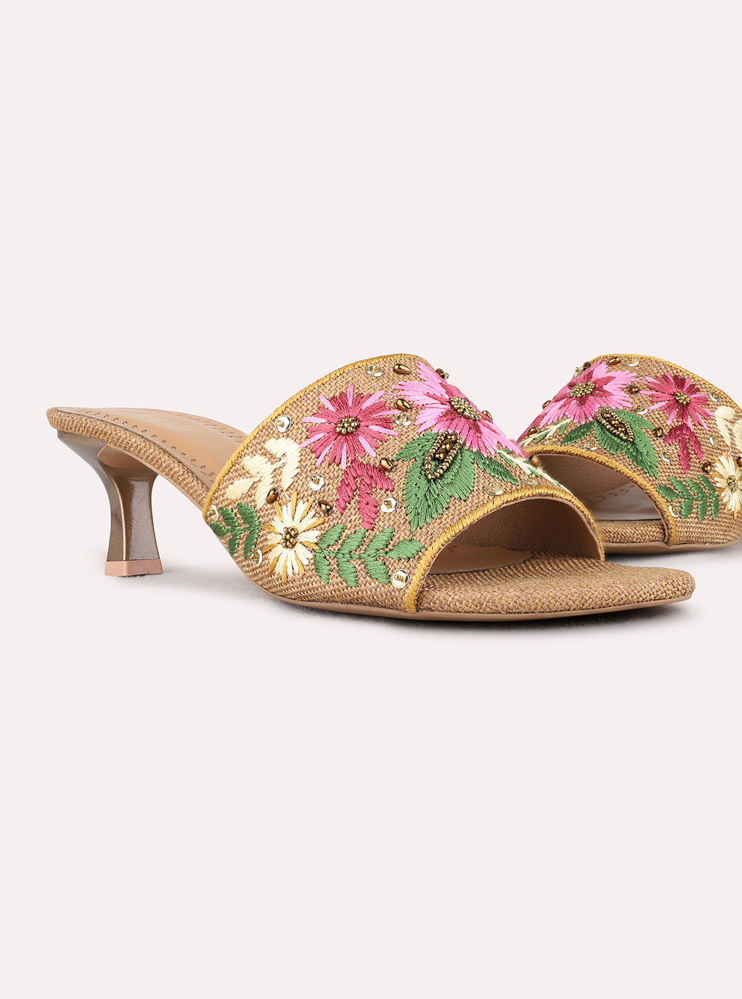 Womens Tan Ethnic Embellished Square Toe Kitten Heel
