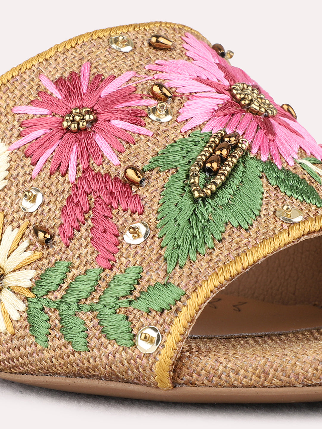 Womens Tan Ethnic Embellished Square Toe Kitten Heel