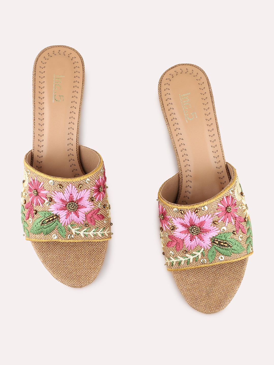 Womens Tan Ethnic Embellished Square Toe Kitten Heel
