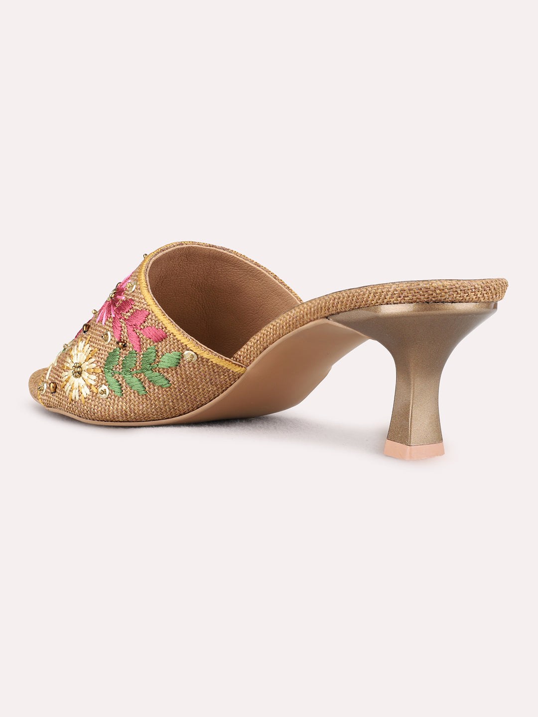 Womens Tan Ethnic Embellished Square Toe Kitten Heel