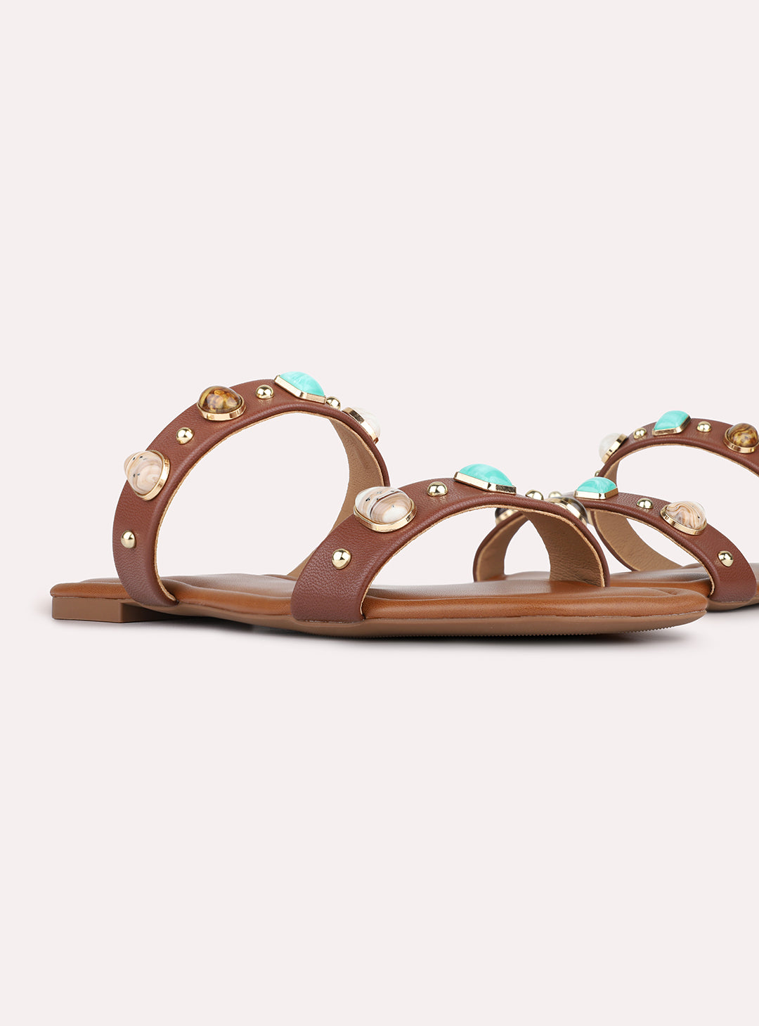 Womens Brown Casual Embellished Pattern Open Toe Slip-On Flats