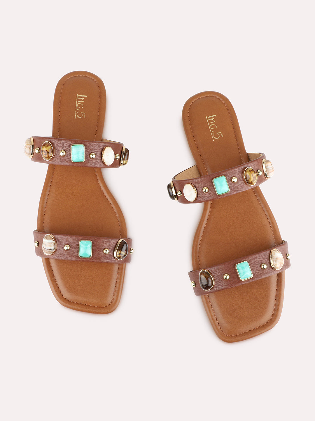 Womens Brown Casual Embellished Pattern Open Toe Slip-On Flats