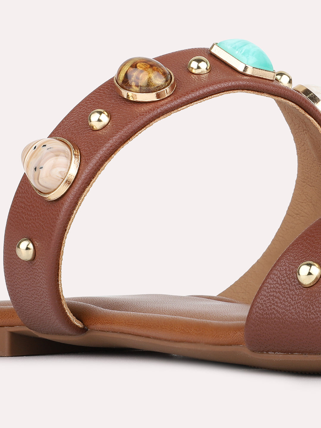 Womens Brown Casual Embellished Pattern Open Toe Slip-On Flats