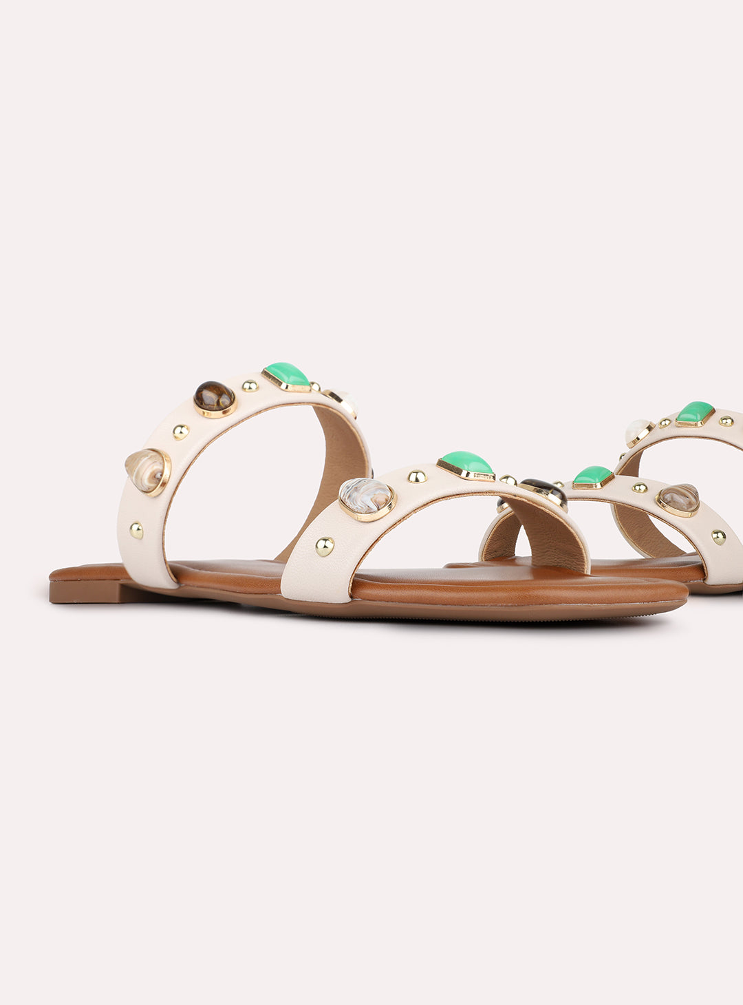 Womens Cream Casual Embellished Pattern Open Toe Slip-On Flats