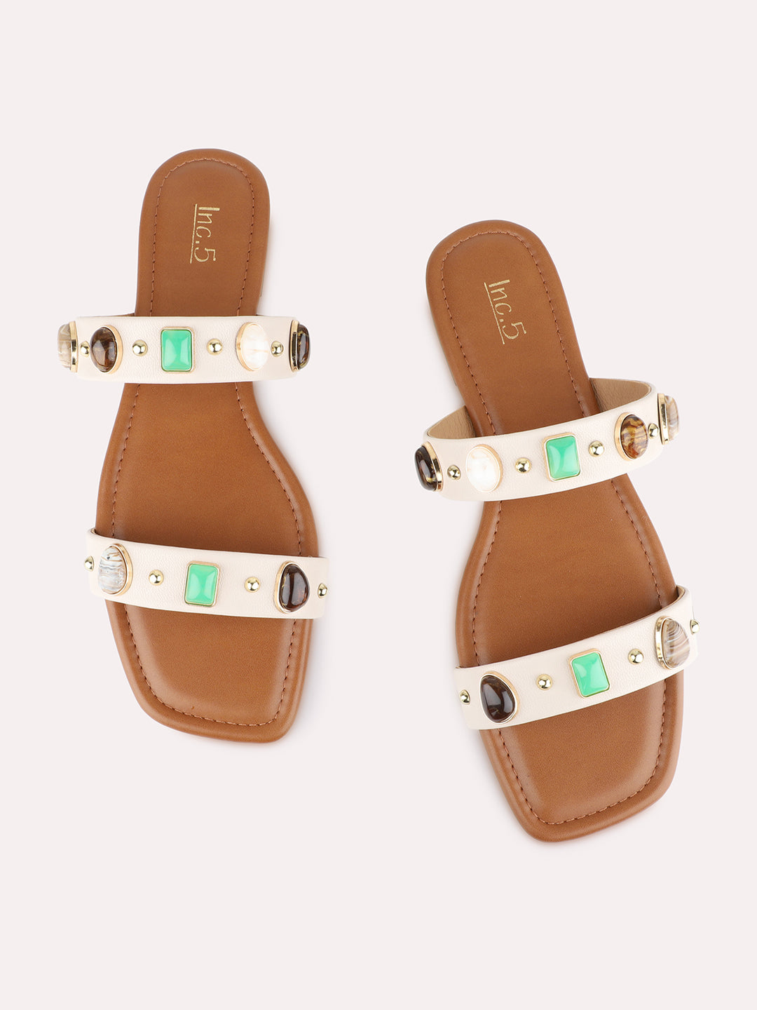 Womens Cream Casual Embellished Pattern Open Toe Slip-On Flats