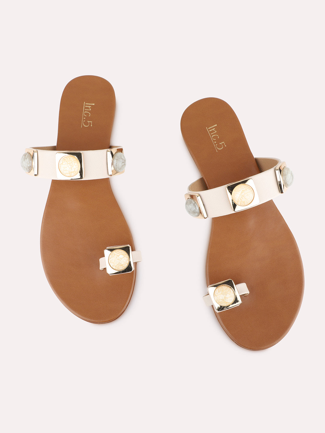Womens Cream Casual Embellished One Toe Slip-On Flats