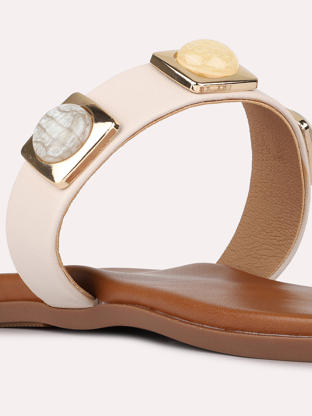 Womens Cream Casual Embellished One Toe Slip-On Flats