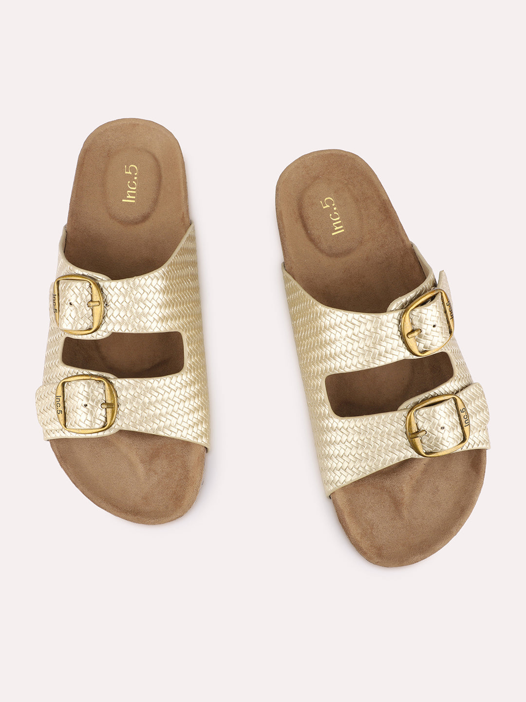 Womens Golden Casual Solid Pattern Open Toe Slip-On Flats