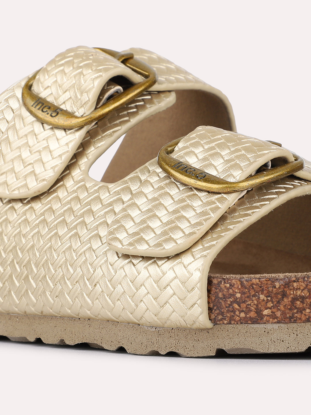 Womens Golden Casual Solid Pattern Open Toe Slip-On Flats