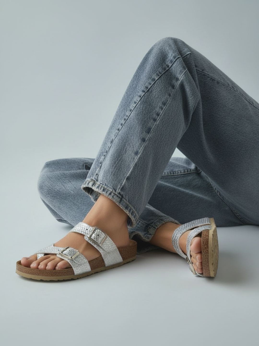 Womens Silver Casual Solid Open Toe Slip-On Flats
