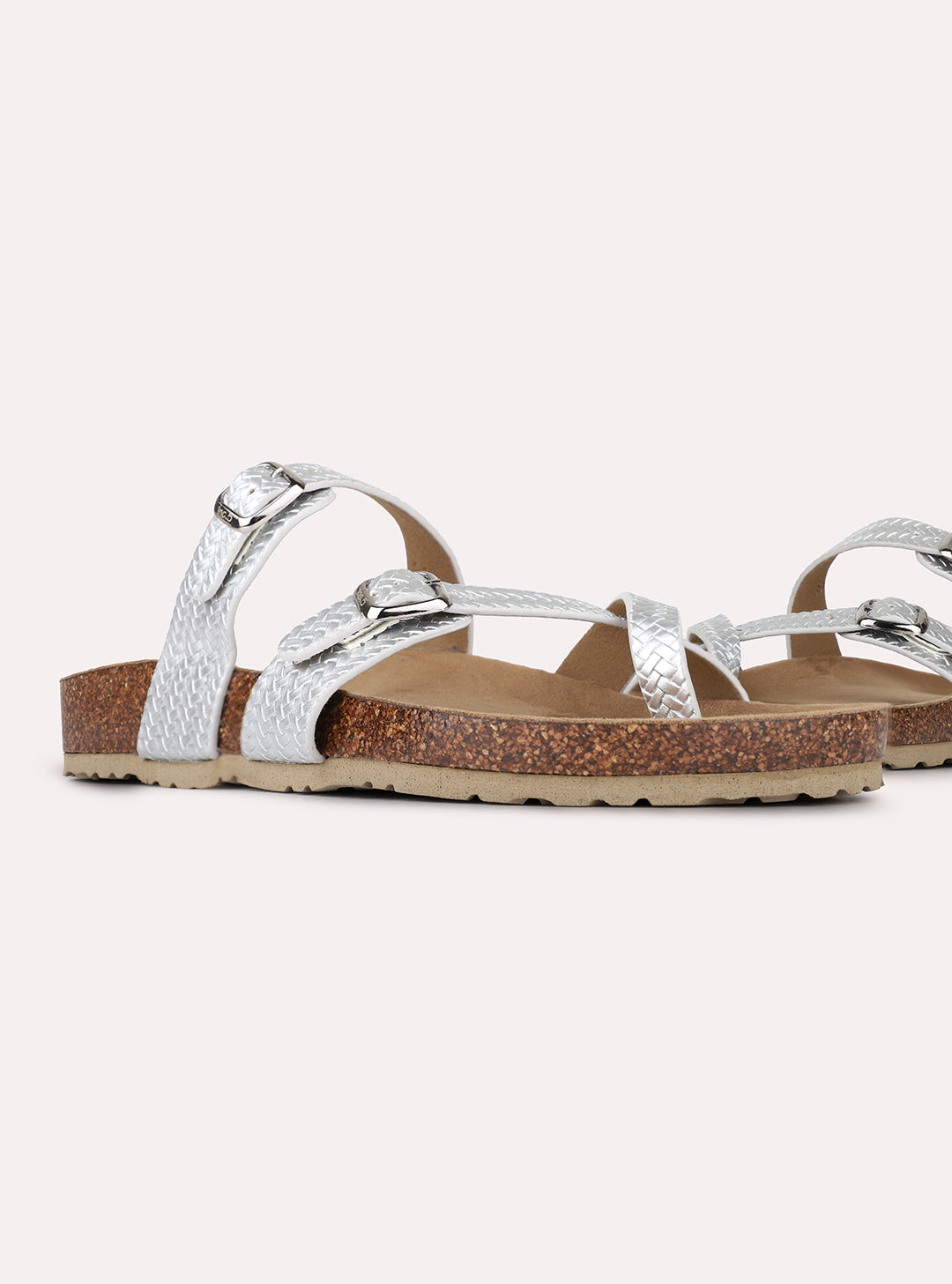 Womens Silver Casual Solid Open Toe Slip-On Flats