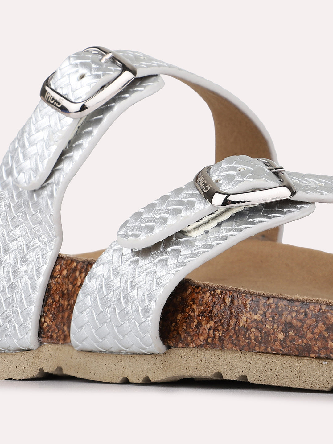 Womens Silver Casual Solid Open Toe Slip-On Flats