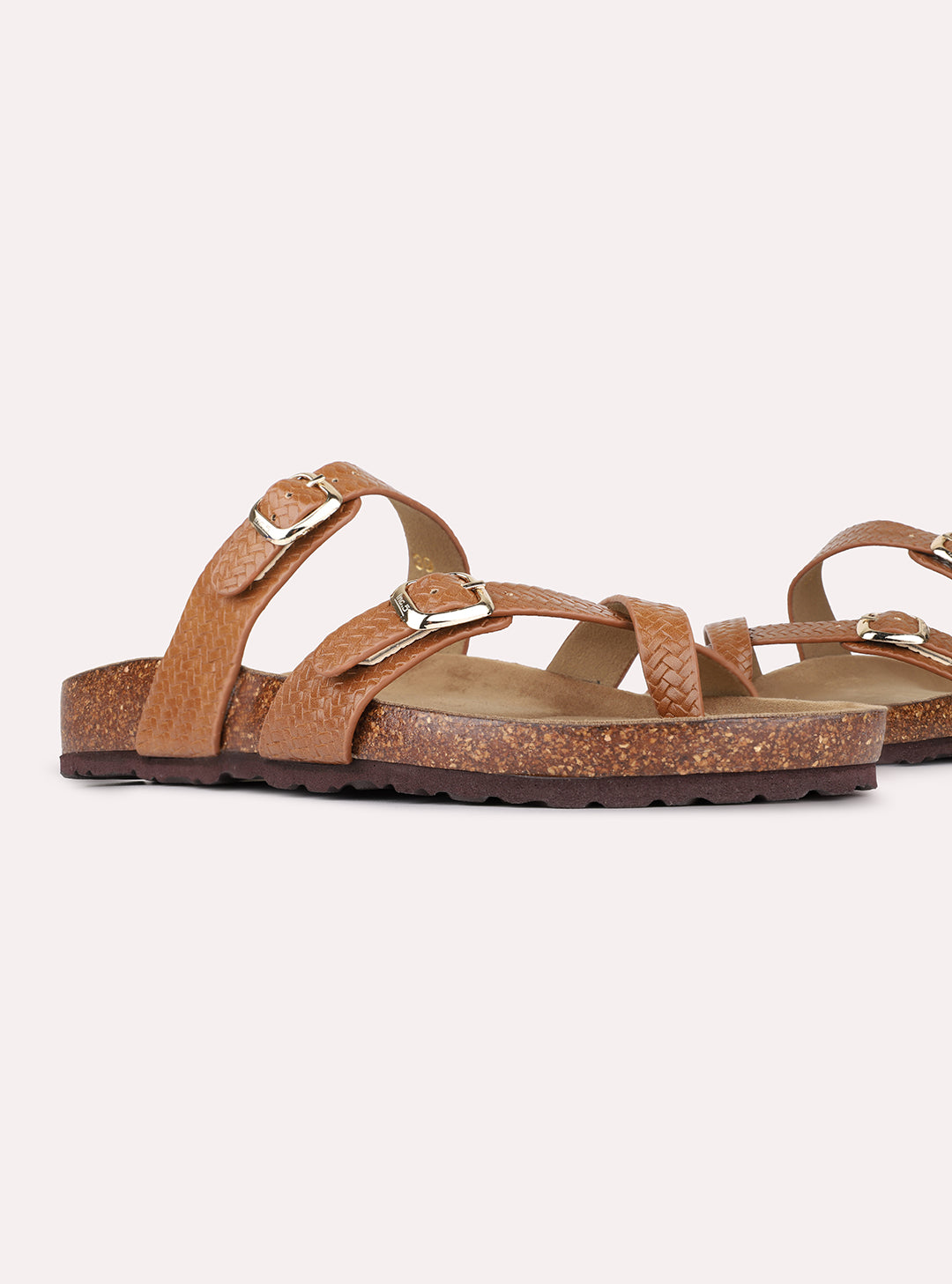 Womens Tan Casual Solid Pattern Open Toe Shape Slip-On Flats