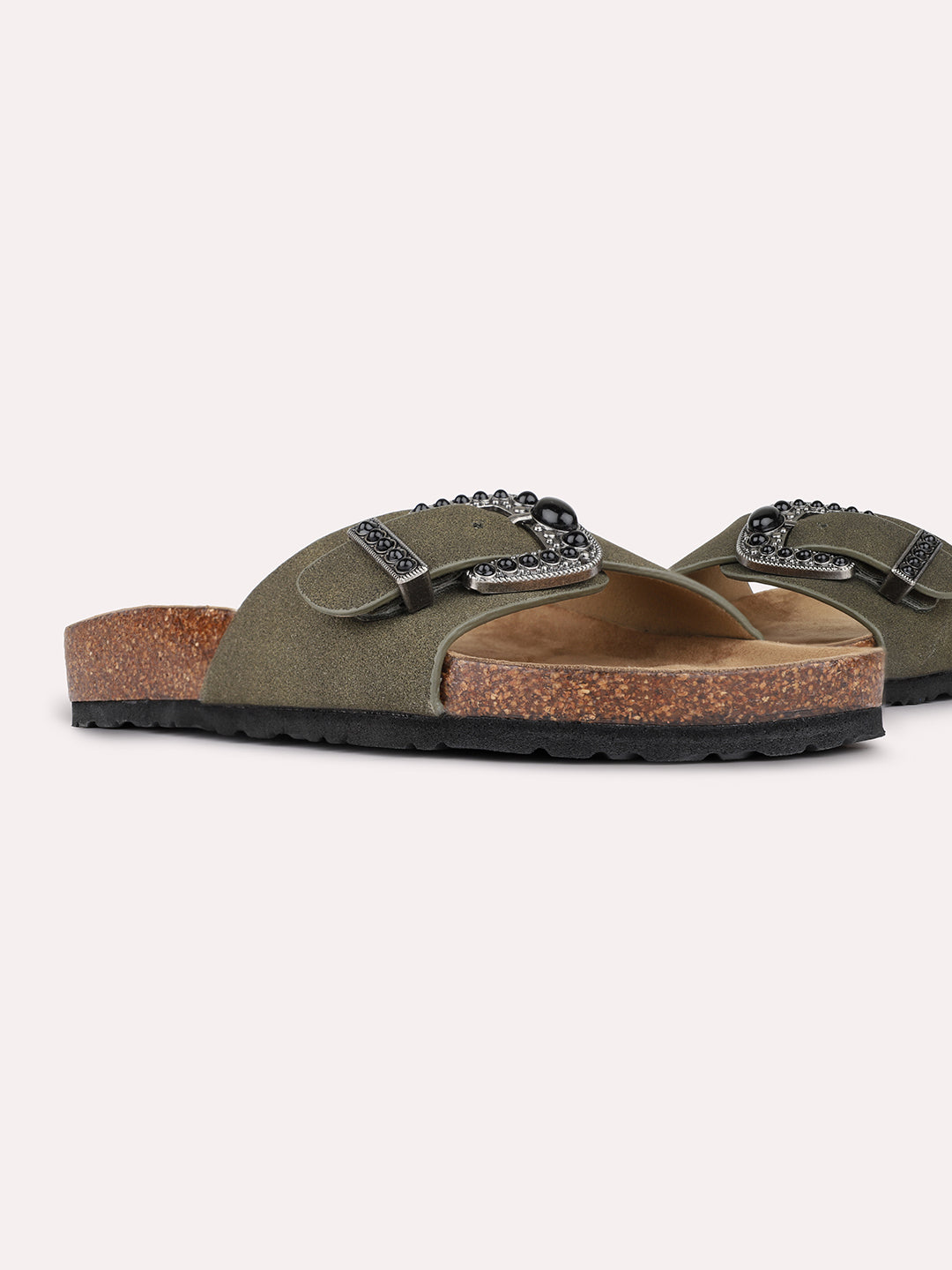 Womens Green Casual Solid Pattern Open Toe Slip-On Flats
