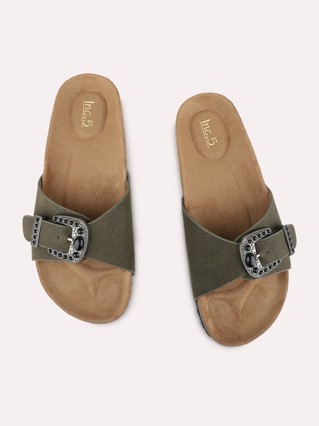 Womens Green Casual Solid Pattern Open Toe Slip-On Flats