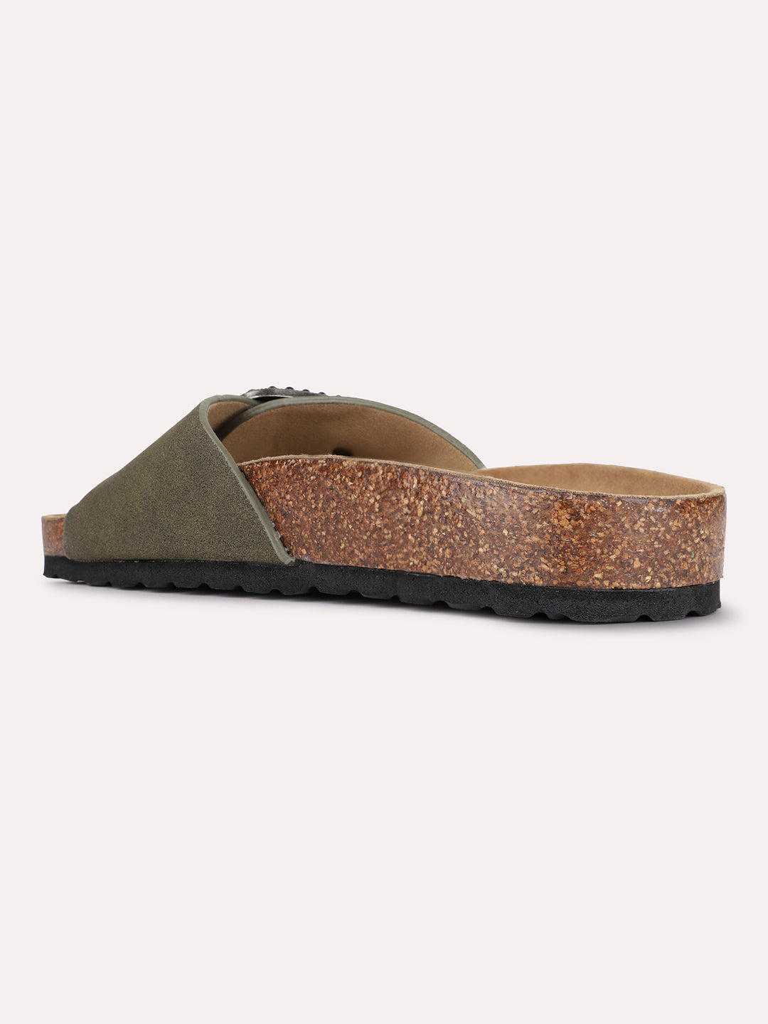 Womens Green Casual Solid Pattern Open Toe Slip-On Flats