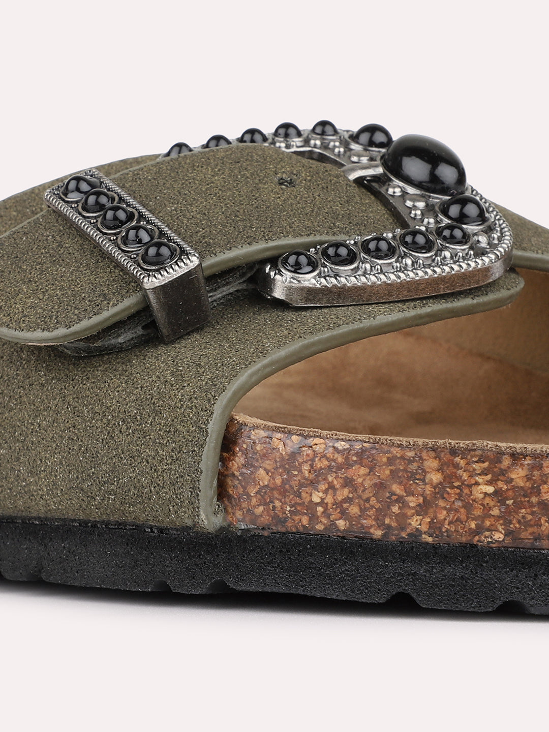 Womens Green Casual Solid Pattern Open Toe Slip-On Flats