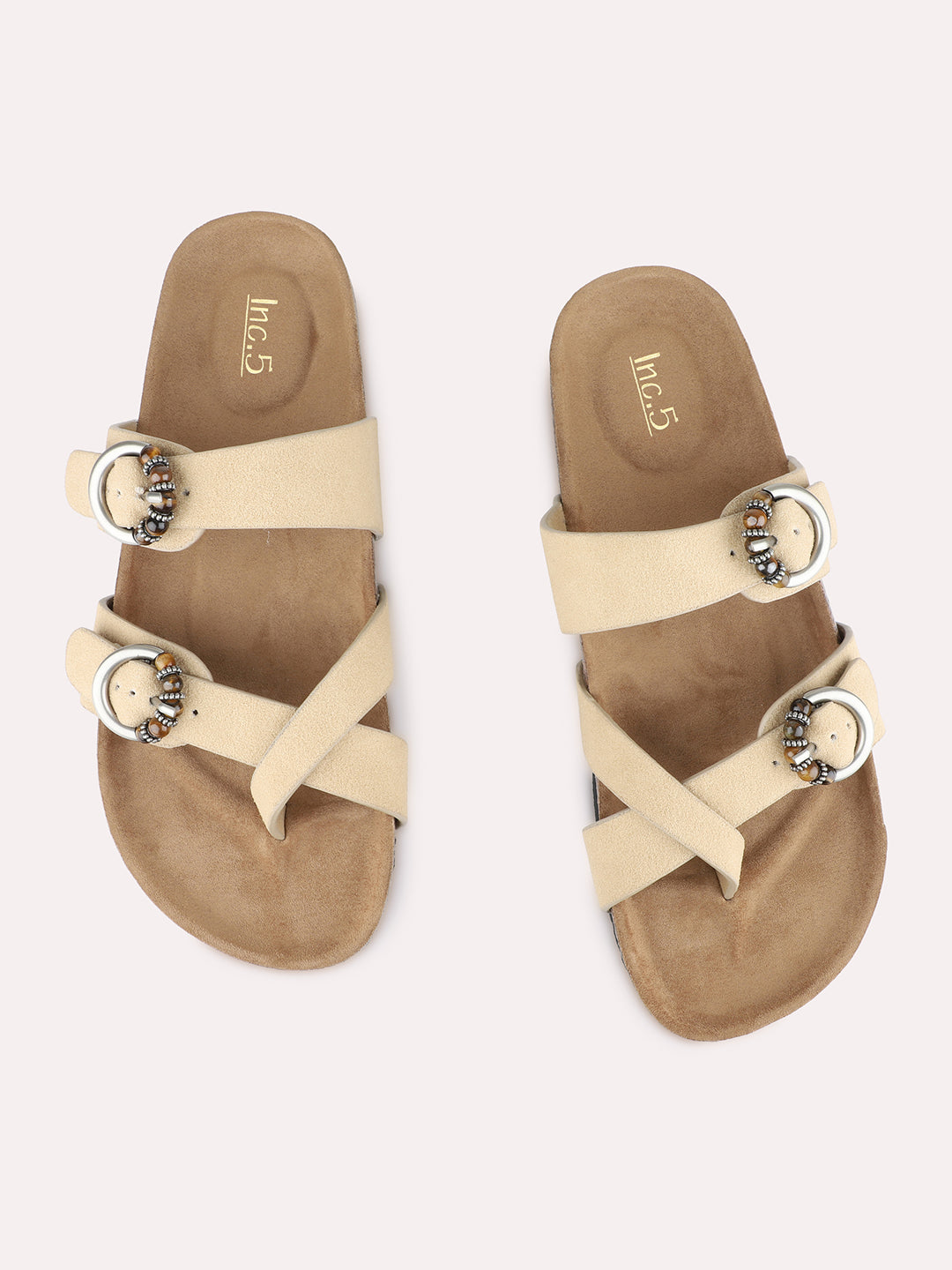 Womens Beige Casual Solid Pattern One Toe Slip-On Flats