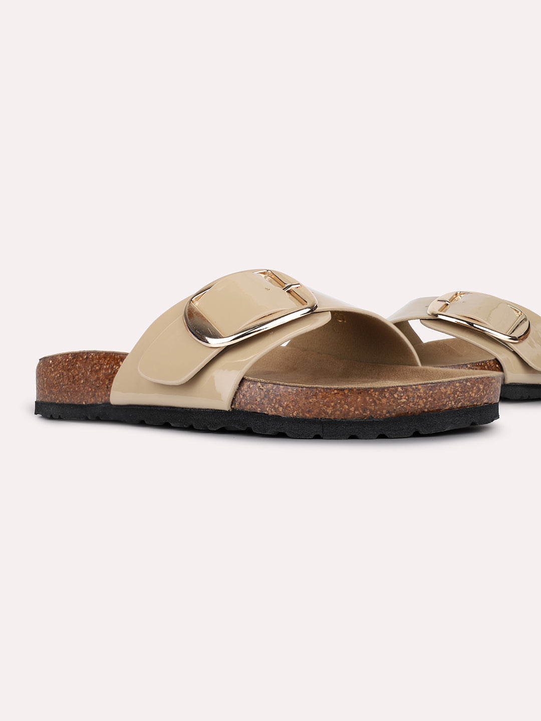 Womens Beige Casual Solid Open Toe Flat Slip-Ons