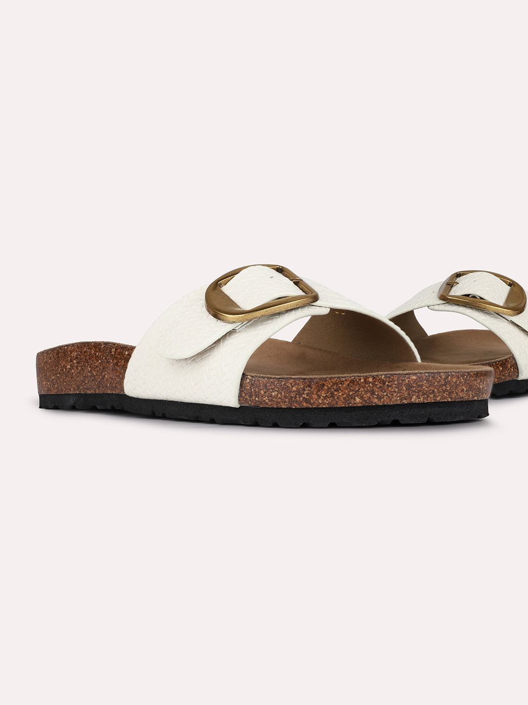 Womens Cream Casual Solid Pattern Open Toe Flat Slip-Ons
