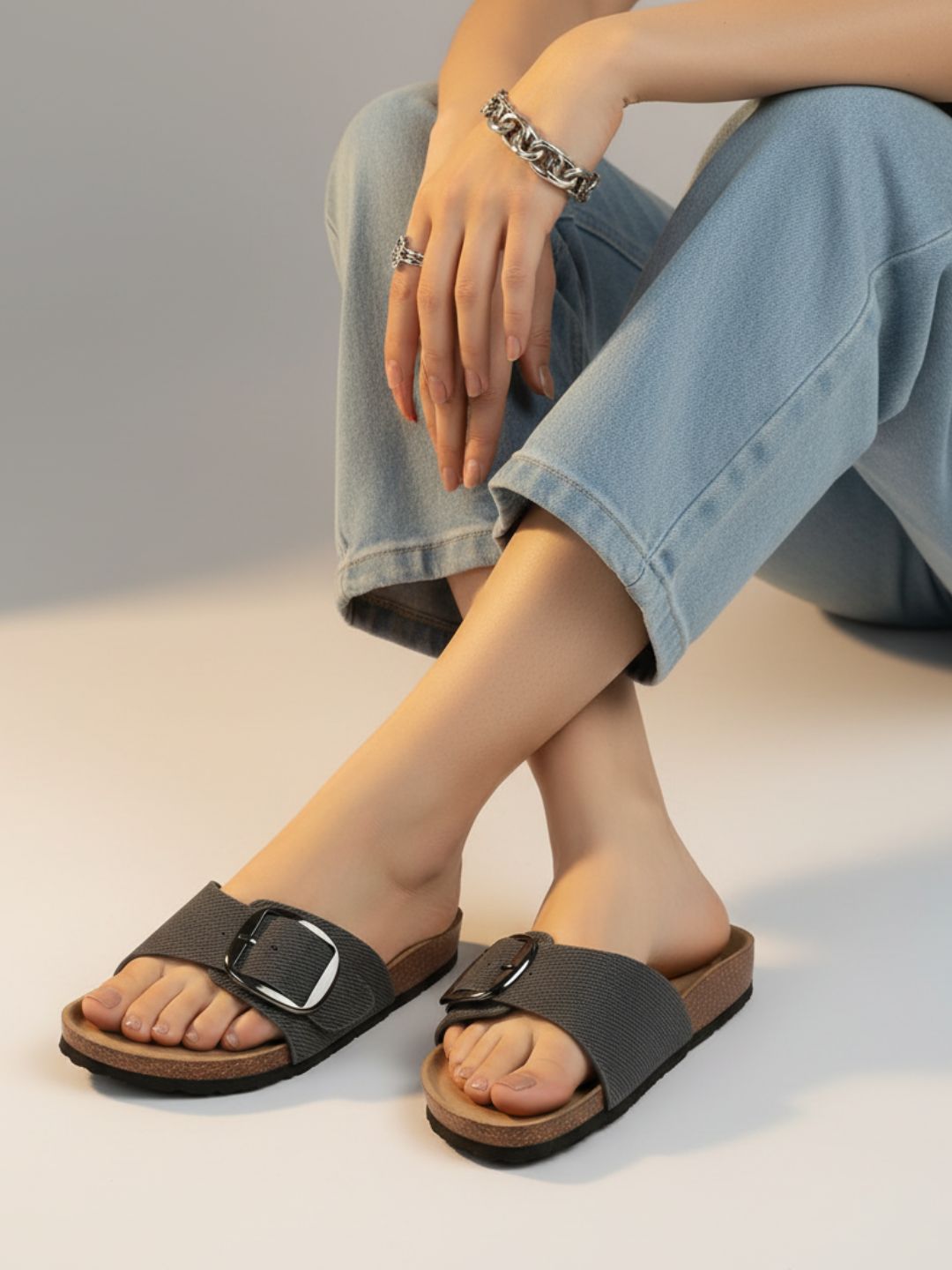 Womens Black Solid Casual Open Toe Slip-On Flats