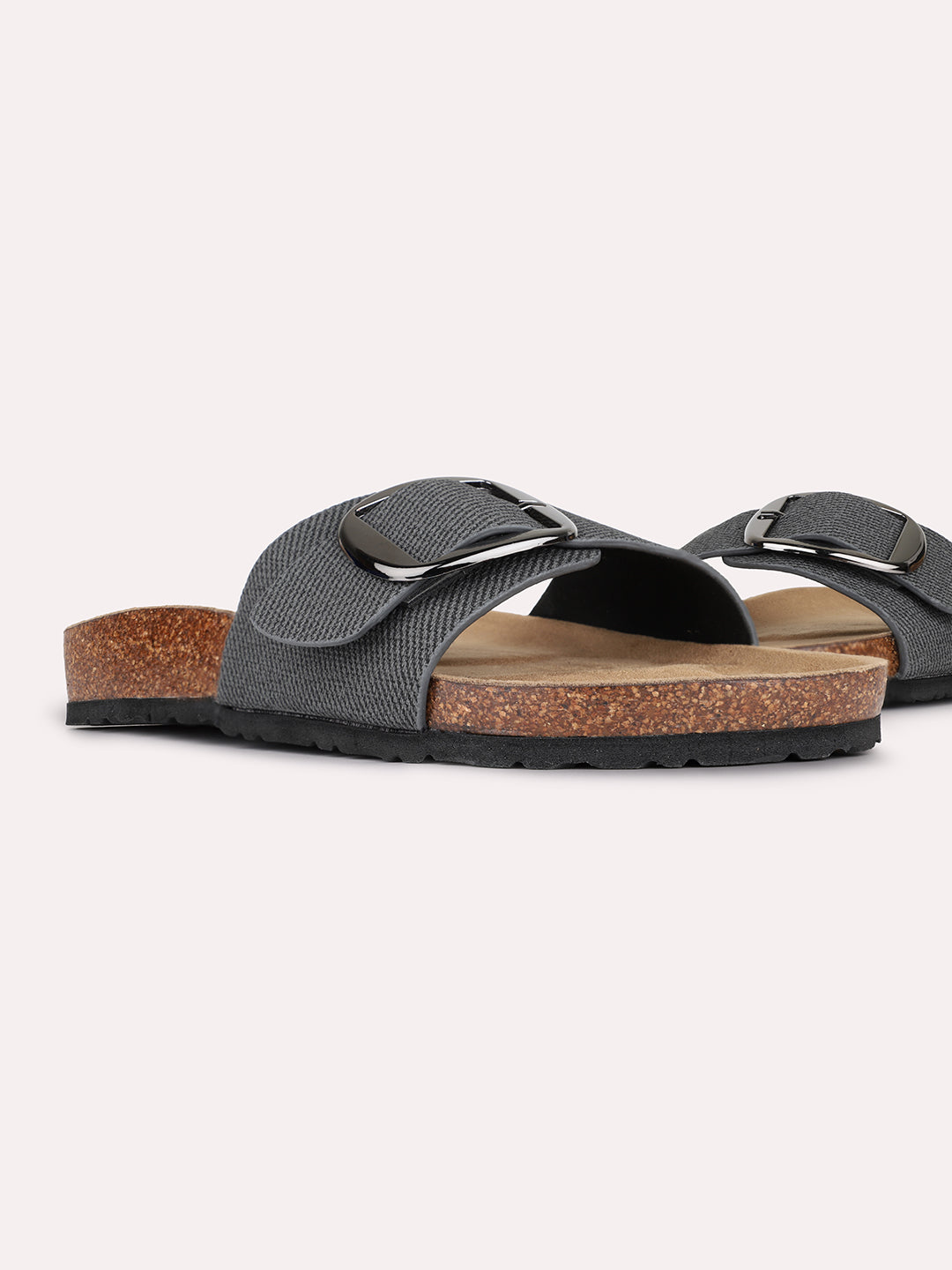 Womens Black Solid Casual Open Toe Slip-On Flats