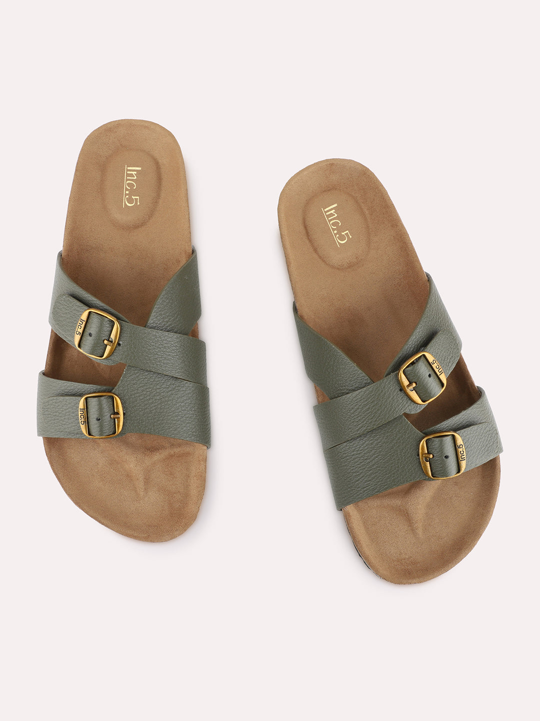 Womens Green Casual Solid Open Toe Slip-On Flats