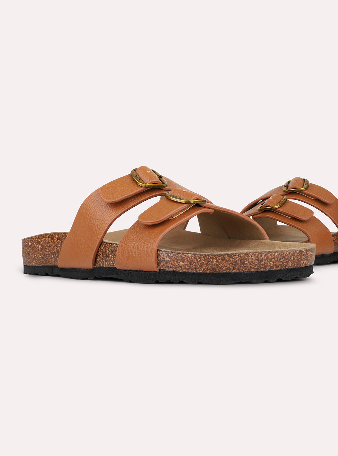 Womens Tan Solid Casual Open Toe Slip-On Flats