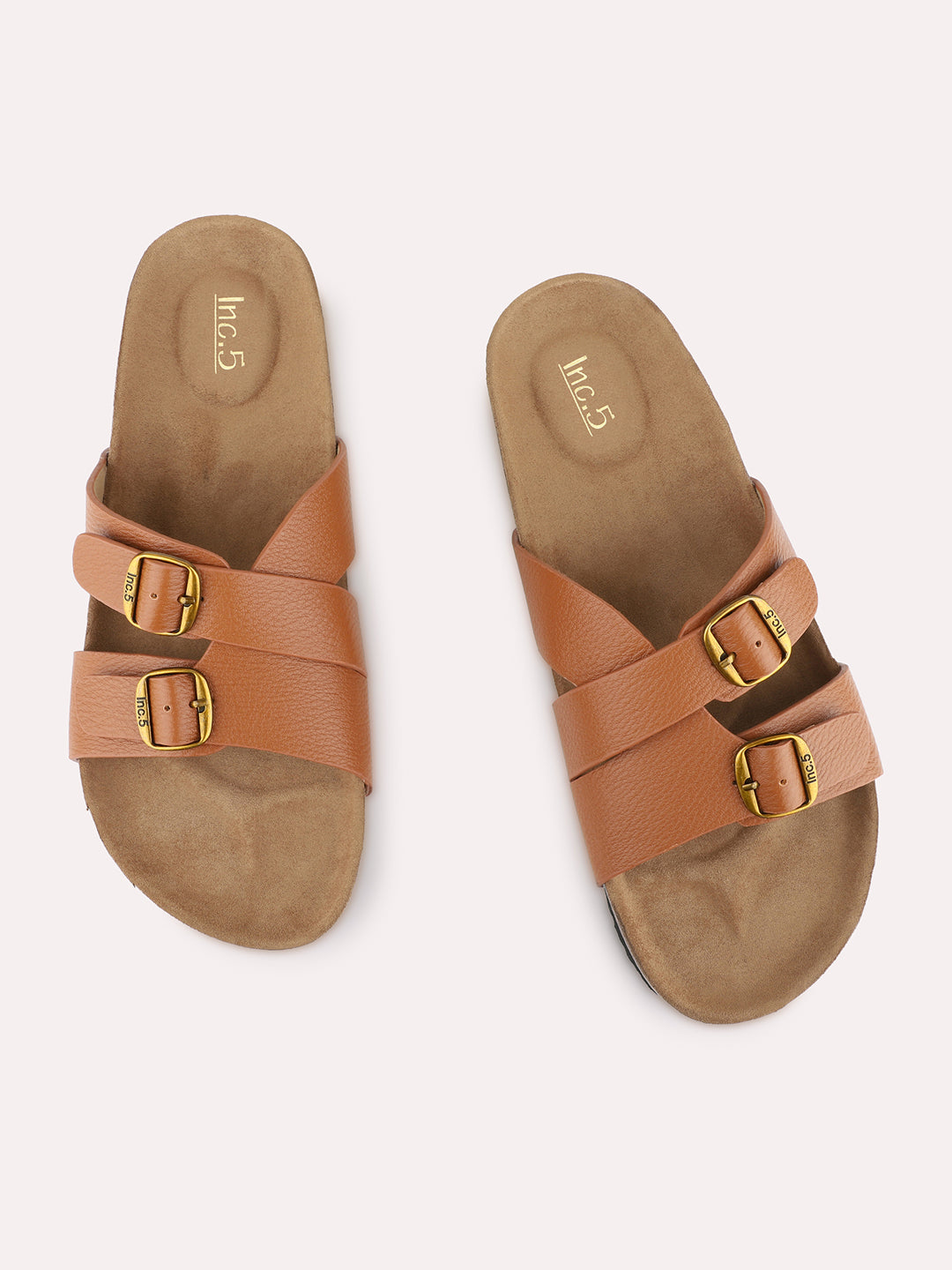 Womens Tan Solid Casual Open Toe Slip-On Flats