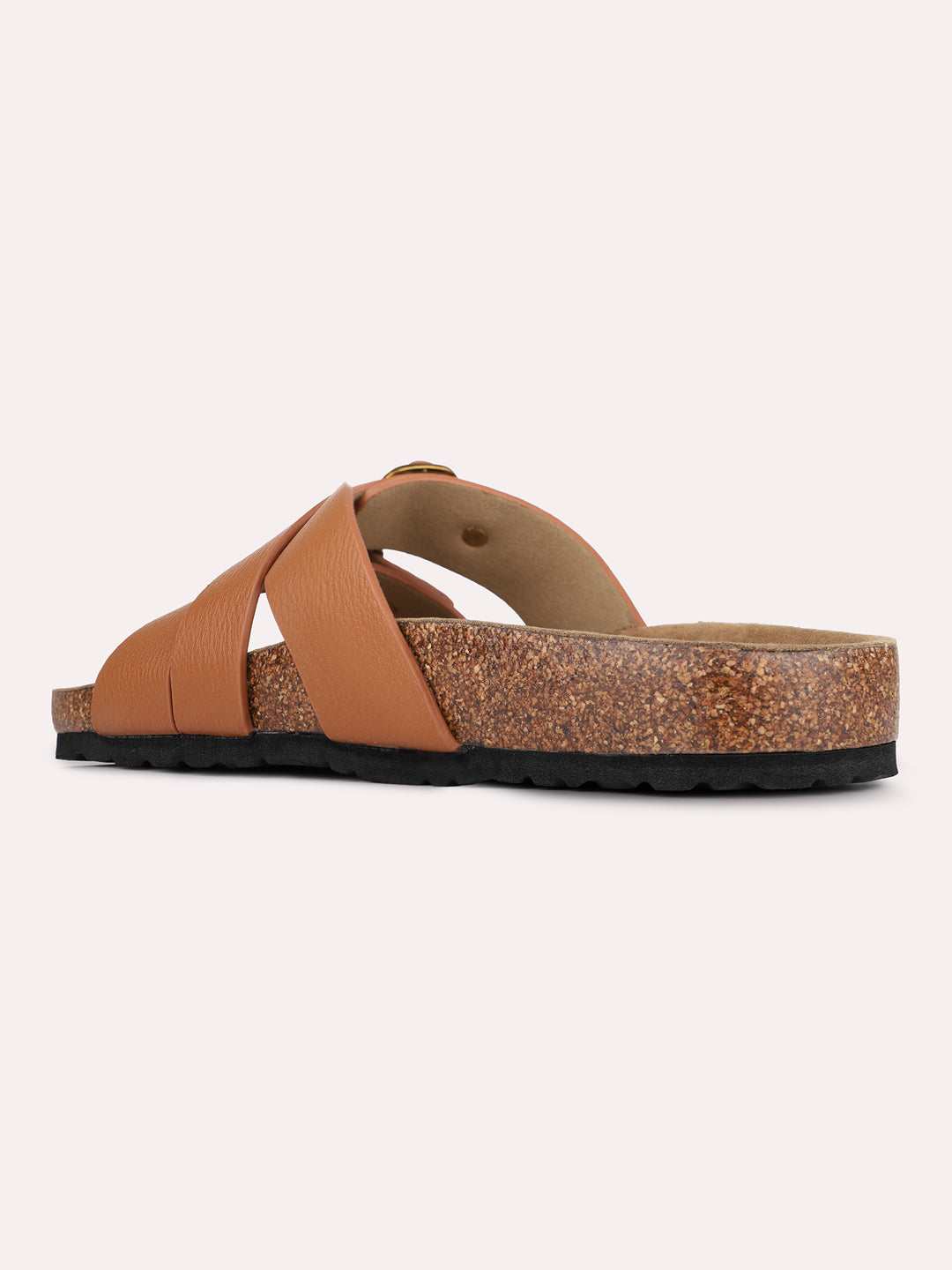 Womens Tan Solid Casual Open Toe Slip-On Flats