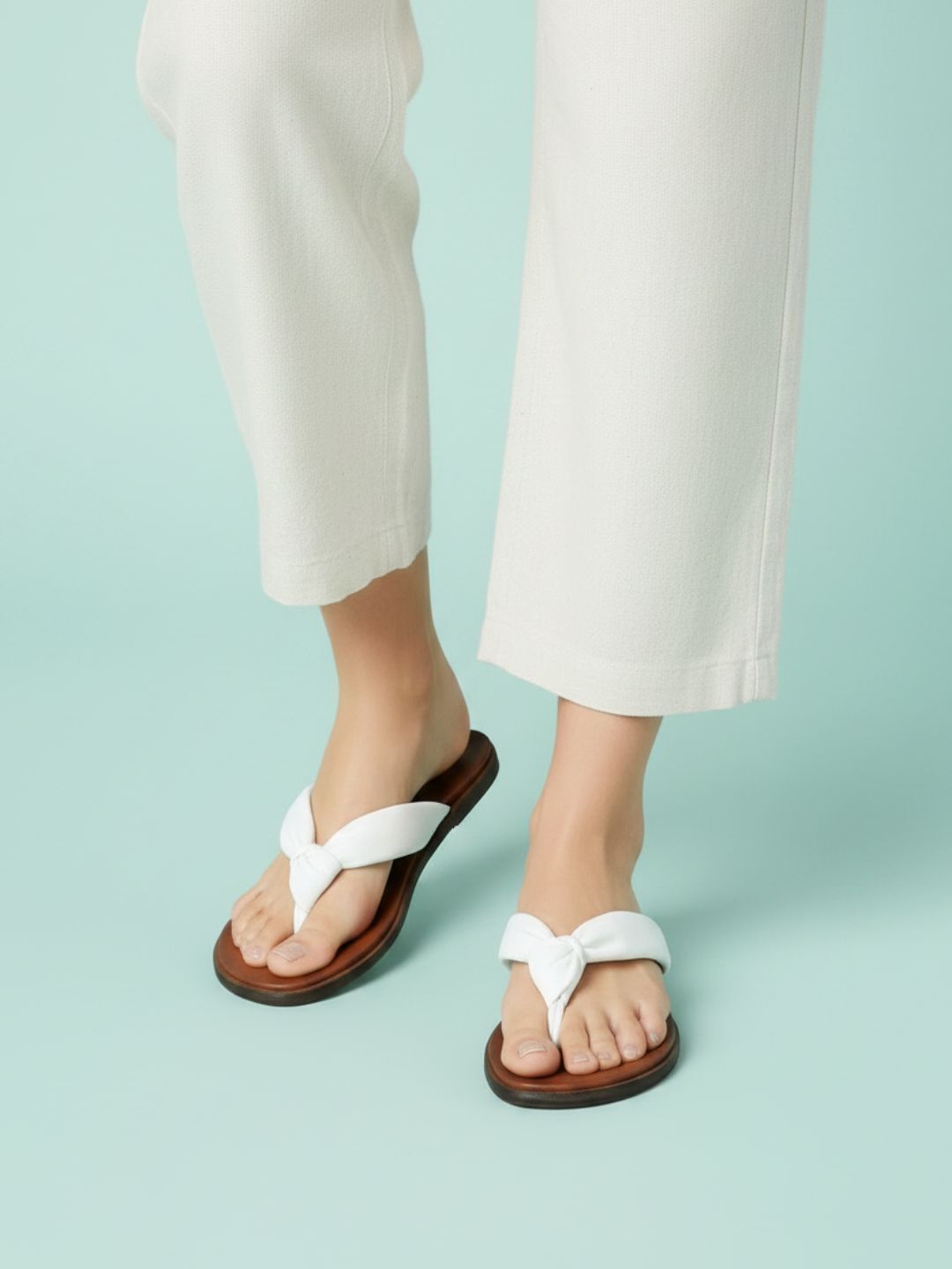 Womens White Casual Solid T-Strap Flat Slip-Ons