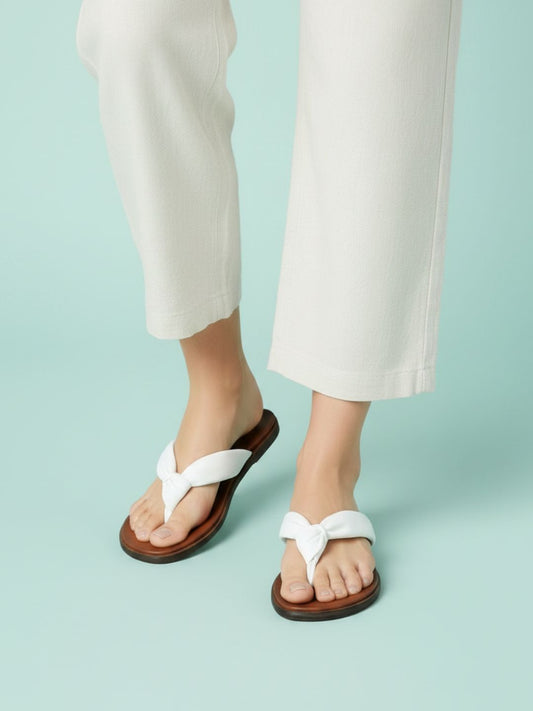 Womens White Casual Solid T-Strap Flat Slip-Ons