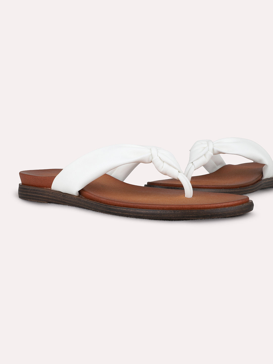 Womens White Casual Solid T-Strap Flat Slip-Ons