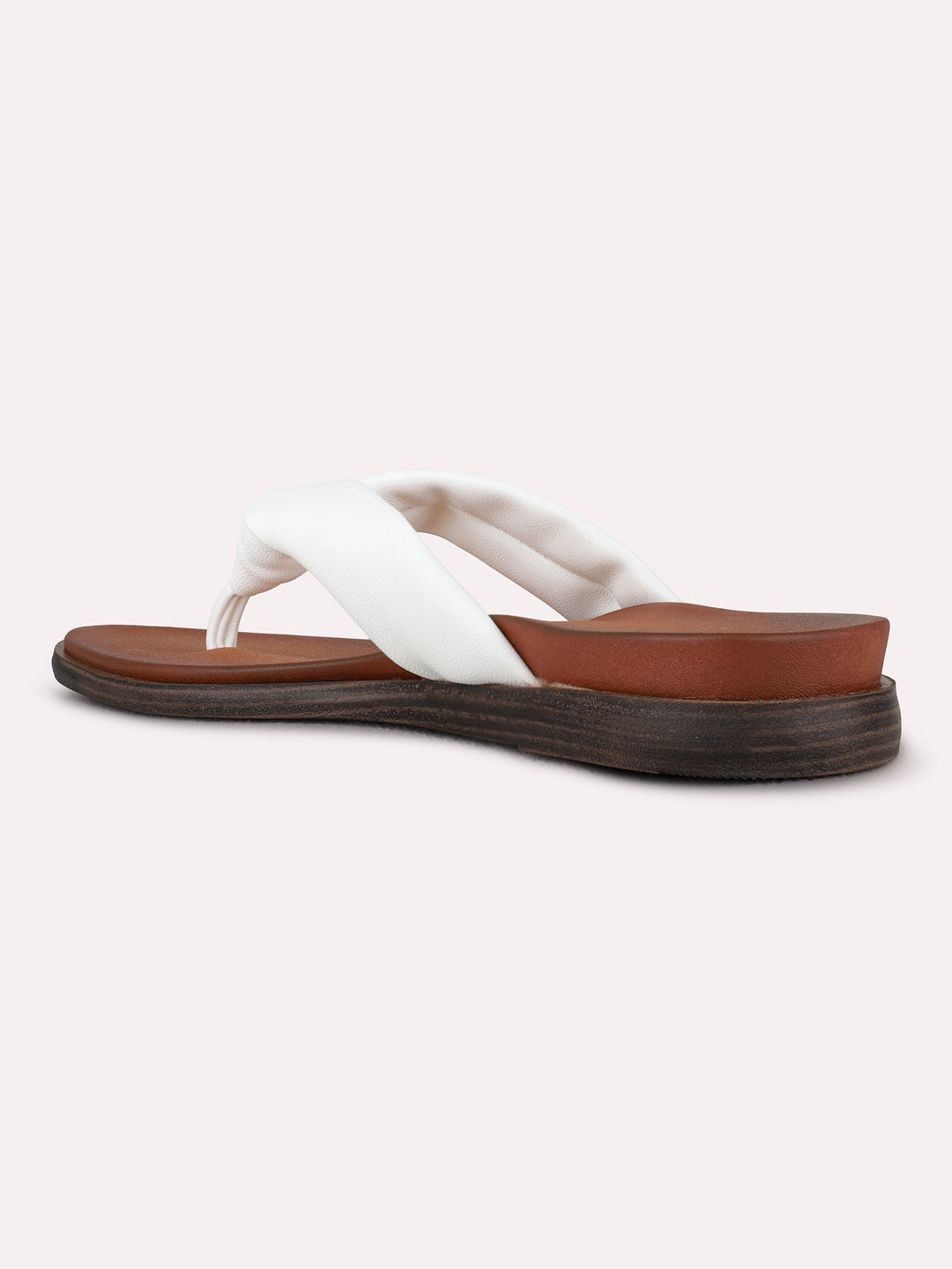 Womens White Casual Solid T-Strap Flat Slip-Ons