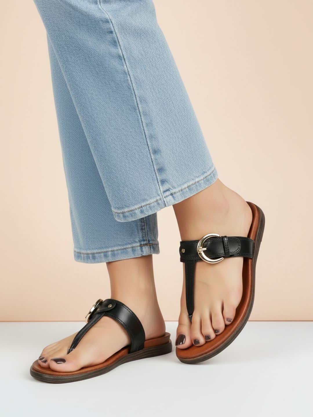 Womens Black Casual Solid T-Strap Slip-On Flats