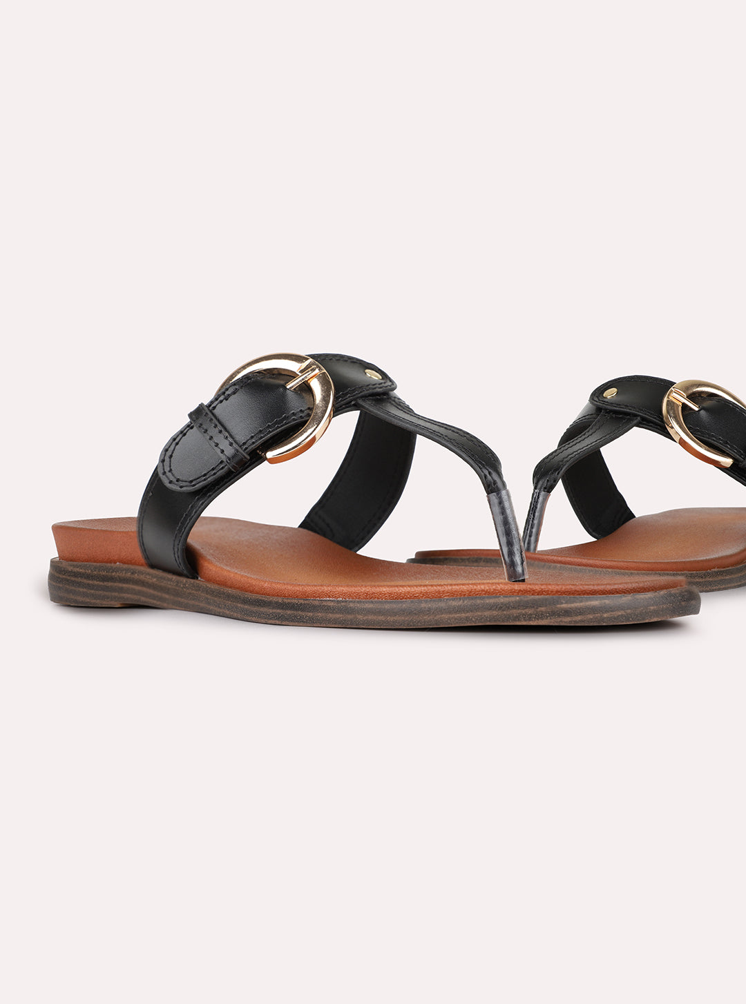 Womens Black Casual Solid T-Strap Slip-On Flats