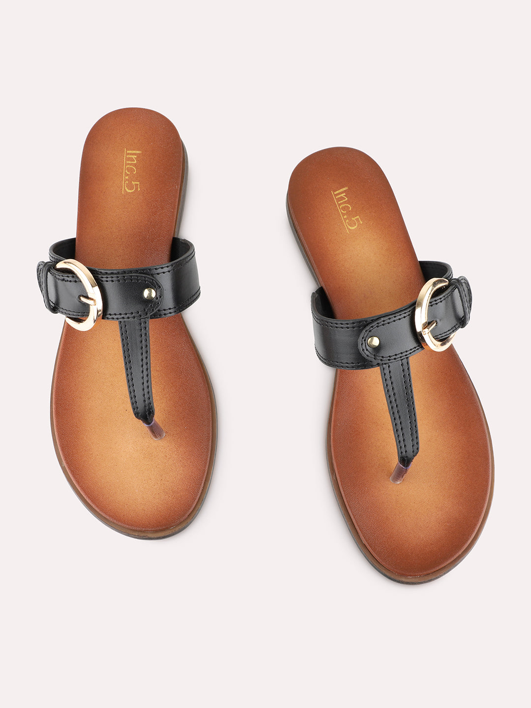 Womens Black Casual Solid T-Strap Slip-On Flats
