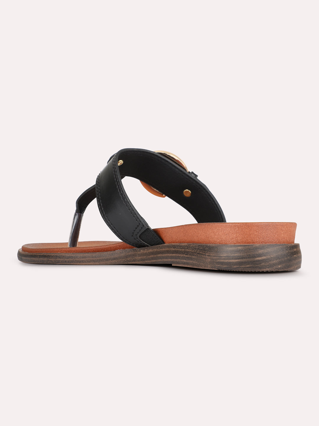 Womens Black Casual Solid T-Strap Slip-On Flats
