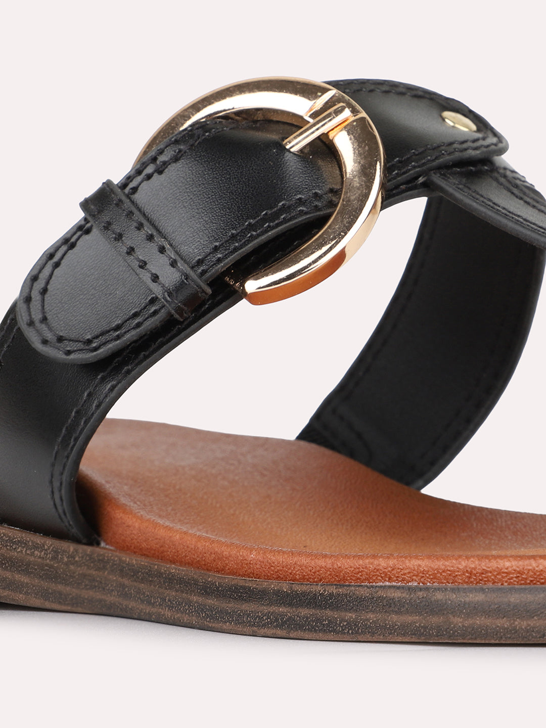 Womens Black Casual Solid T-Strap Slip-On Flats