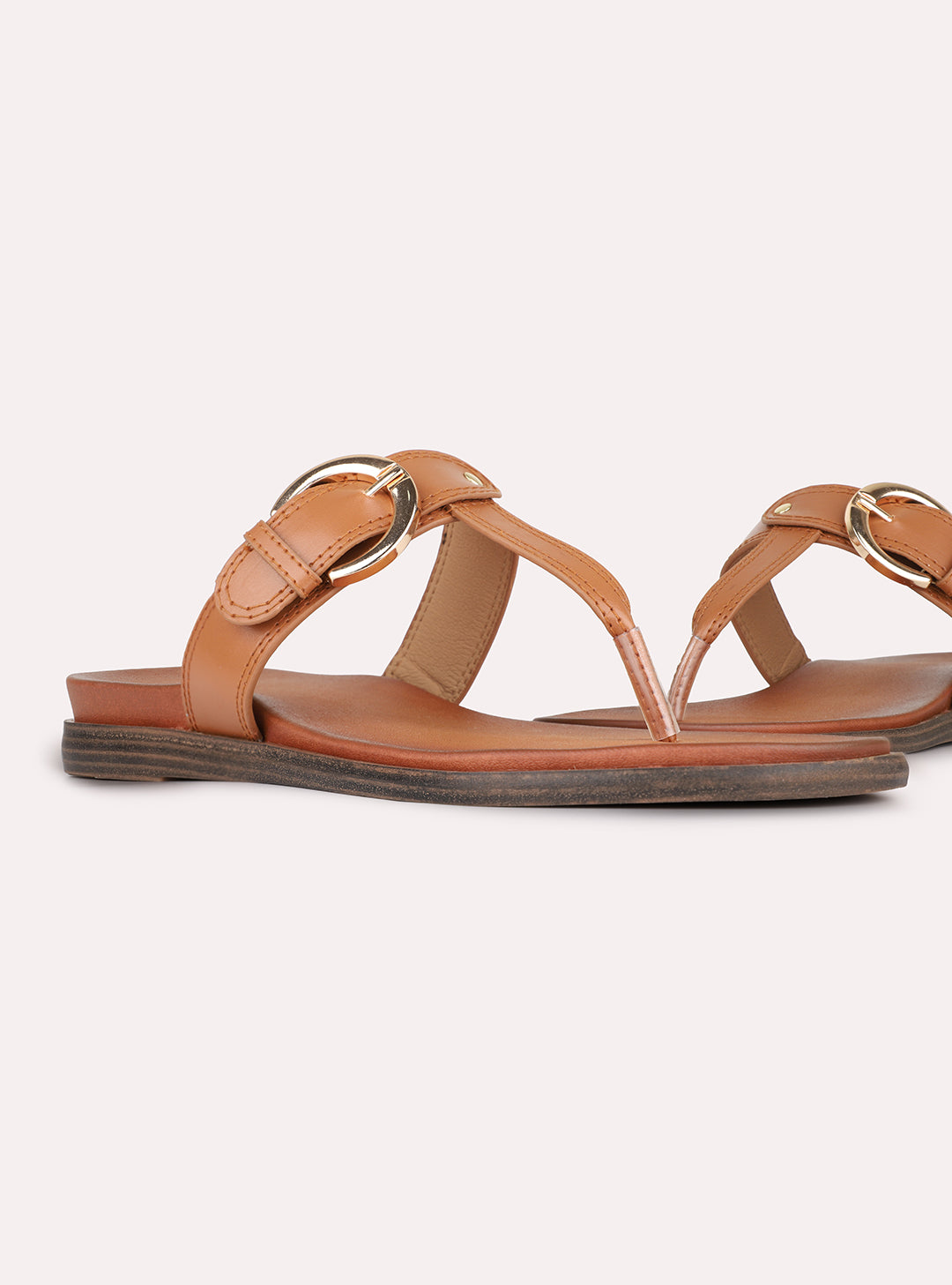 Womens Tan Casual Solid Pattern T-Strap Slip-On Flats
