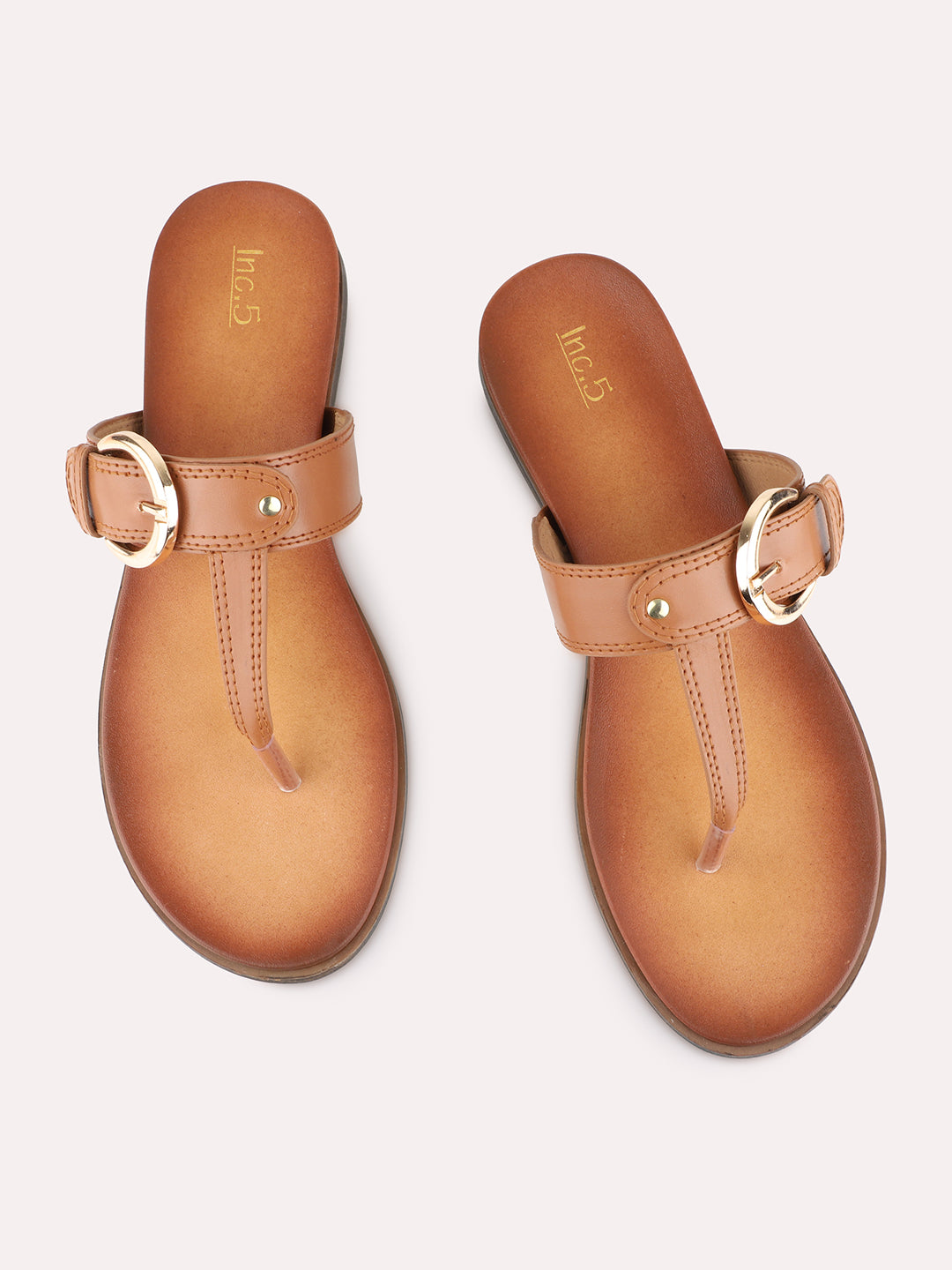 Womens Tan Casual Solid Pattern T-Strap Slip-On Flats