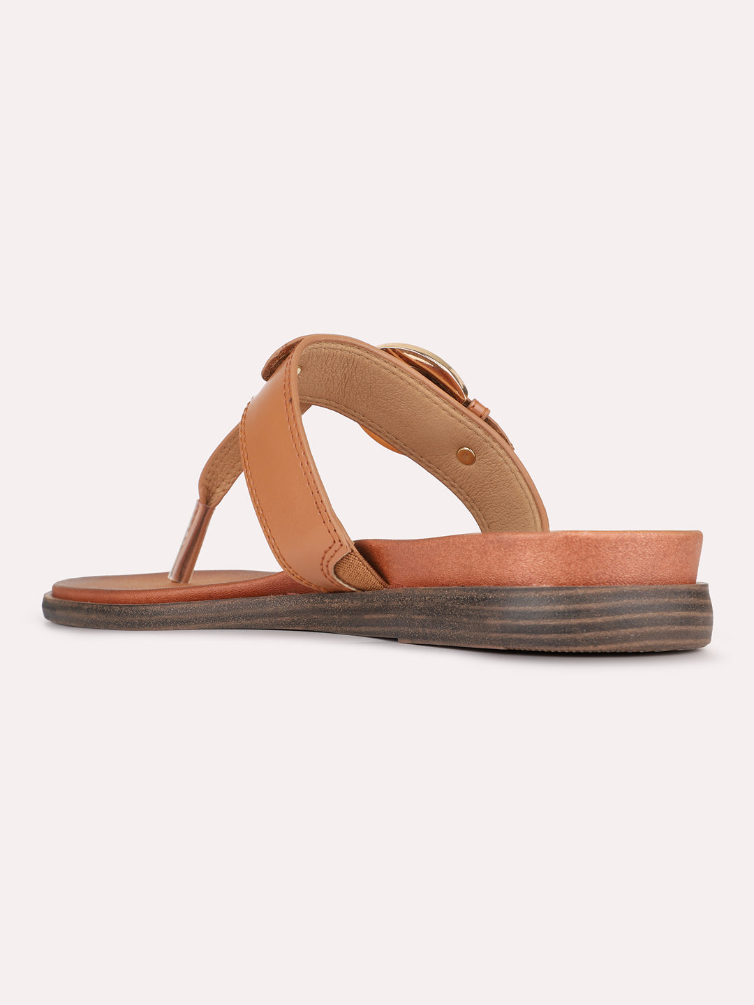 Womens Tan Casual Solid Pattern T-Strap Slip-On Flats