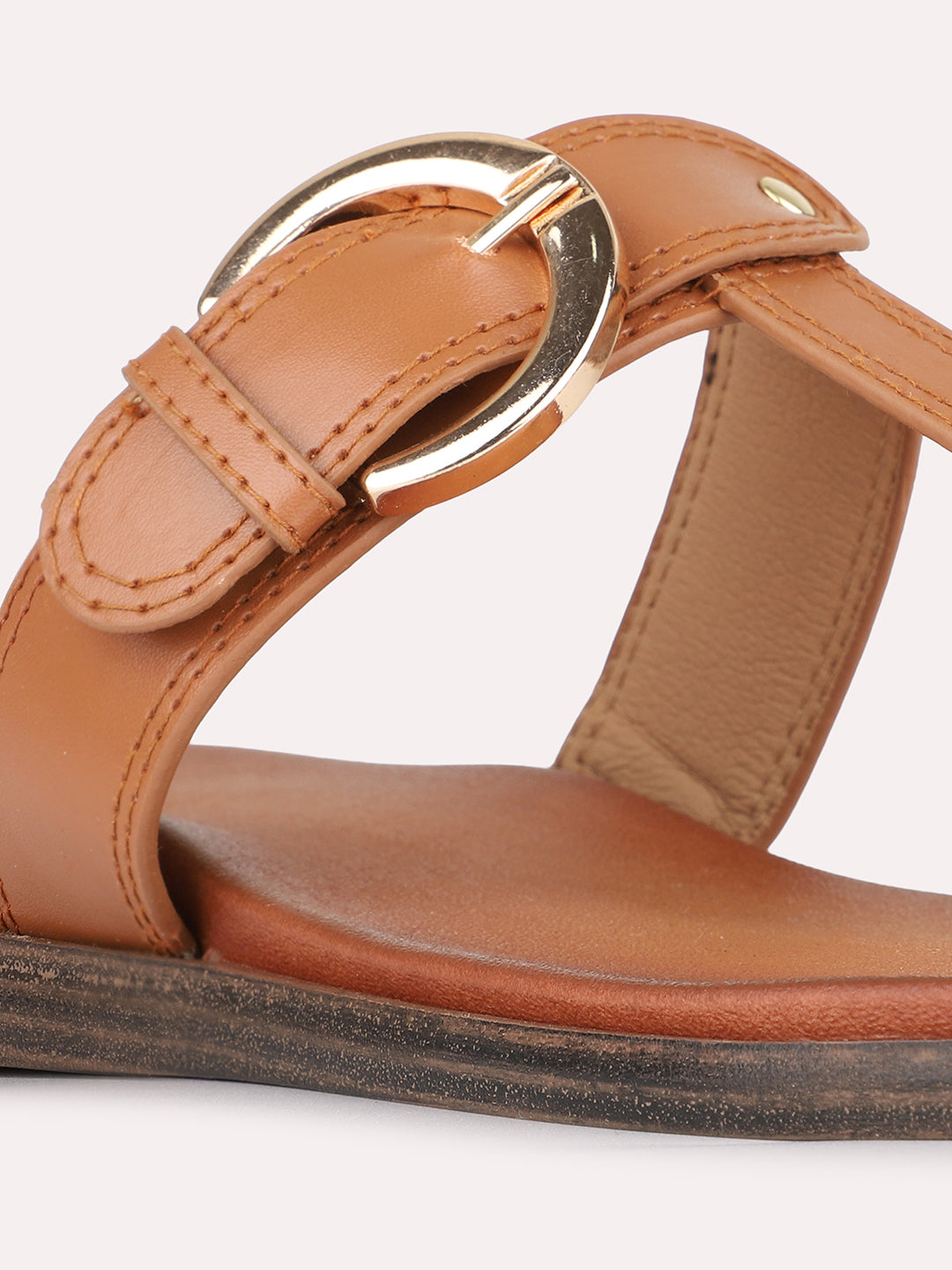 Womens Tan Casual Solid Pattern T-Strap Slip-On Flats