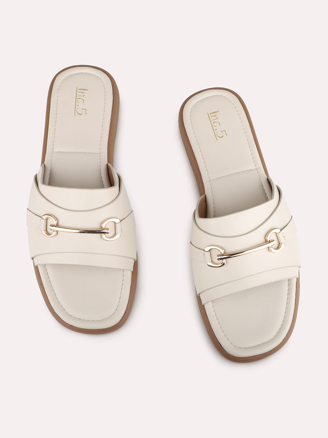 Womens Cream Casual Solid Open Toe Flat Slip-Ons