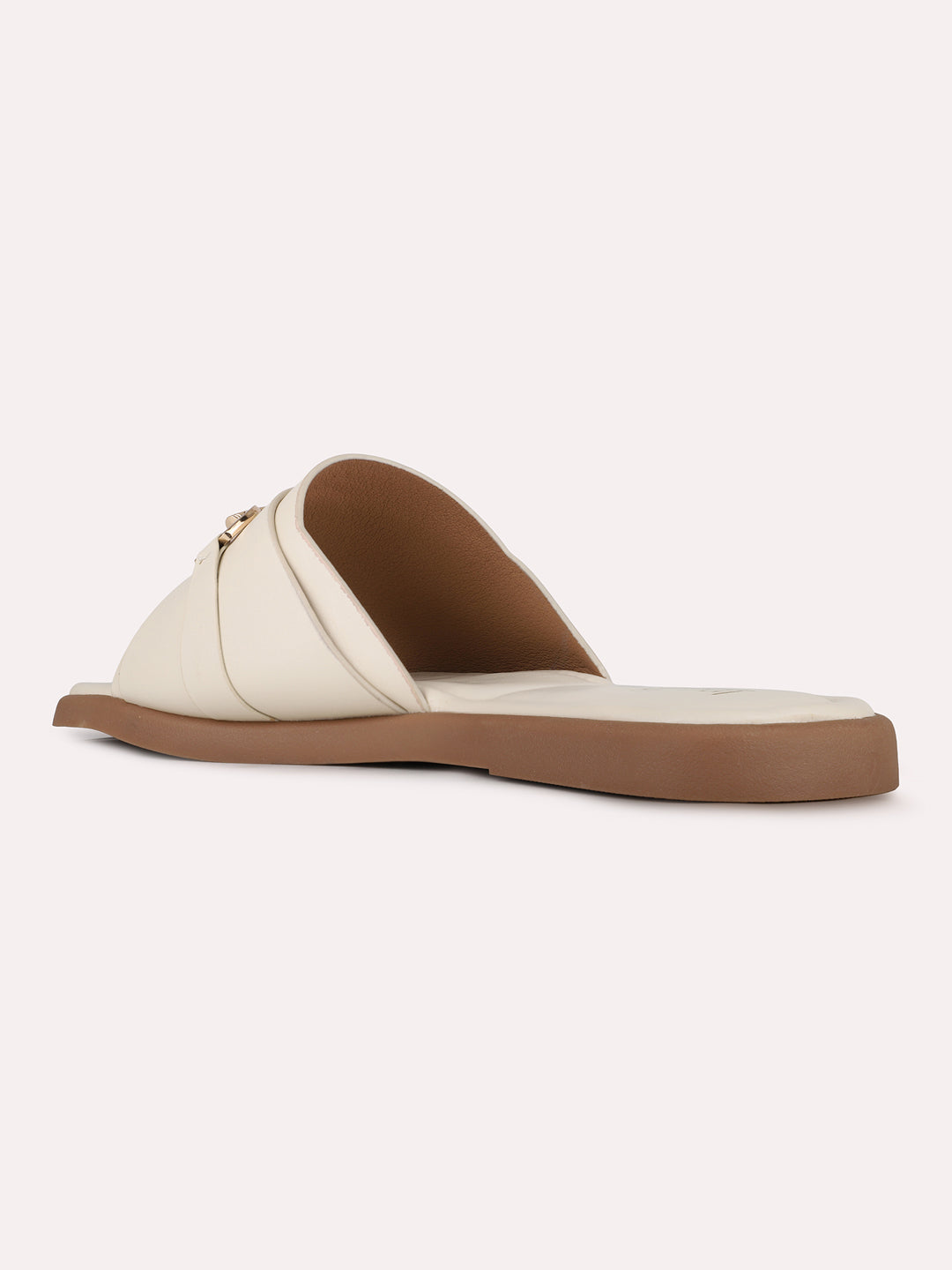 Womens Cream Casual Solid Open Toe Flat Slip-Ons